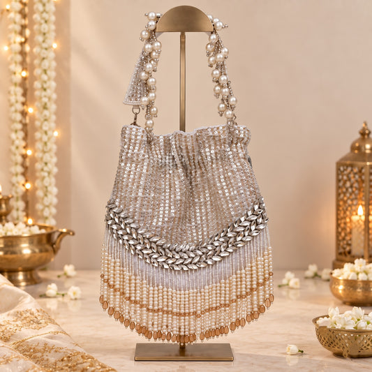 White Pearl Fringe Bridal Potli
