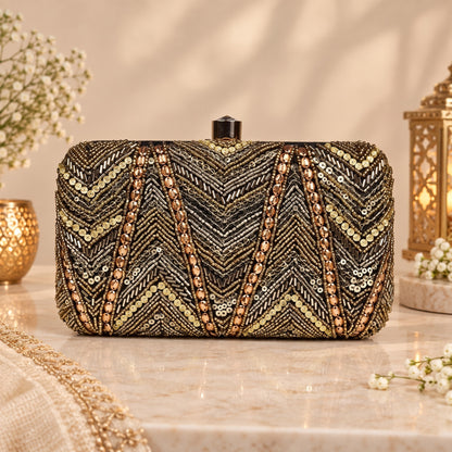 Gold Beaded Black Clutch