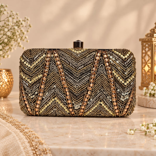 Gold Beaded Black Clutch