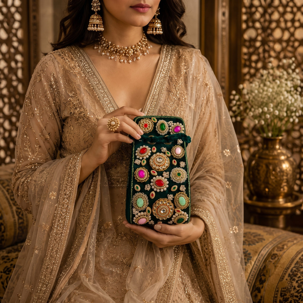 Emerald Green Kundan Jewel Potli
