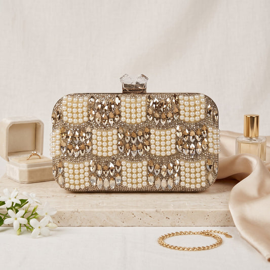 Champagne Checkerboard Pearl Clutch