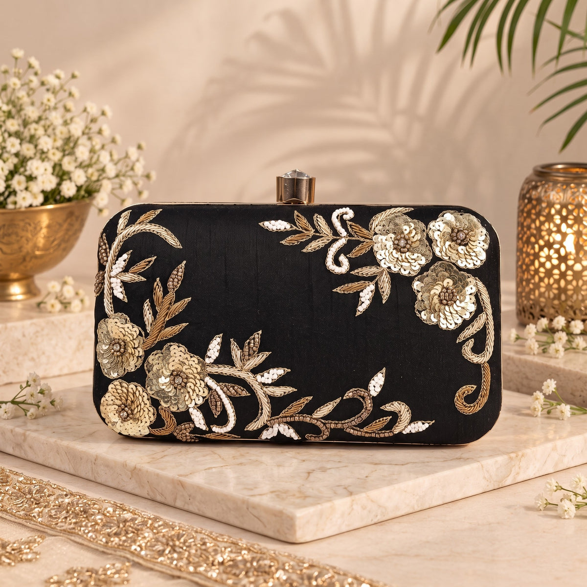 Embroidered Black and Gold Floral Clutch