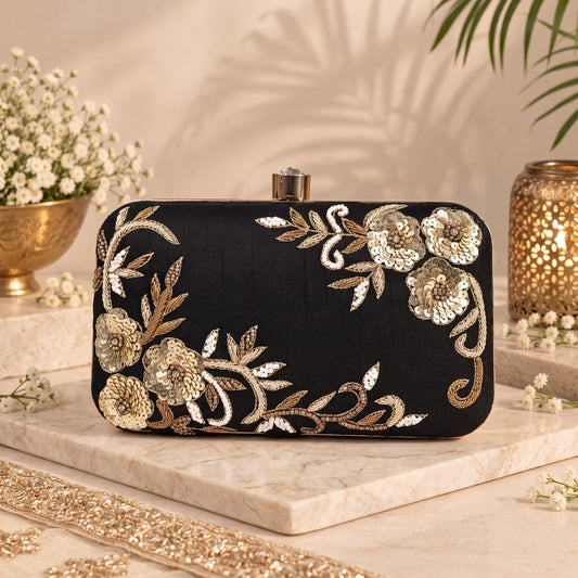 Embroidered Black and Gold Floral Clutch
