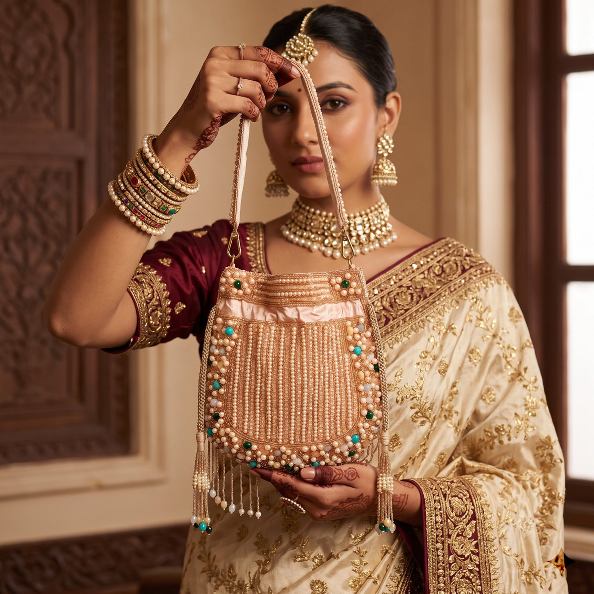 Peach Gemstone Fringe Potli