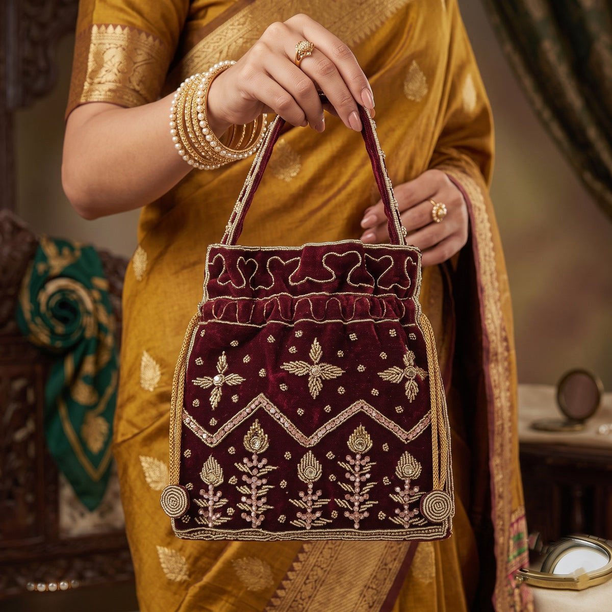 Maroon Gold Beaded Potli