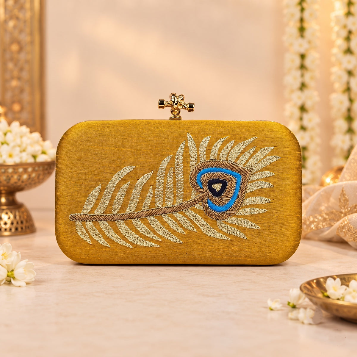 Golden Peacock Feather Clutch