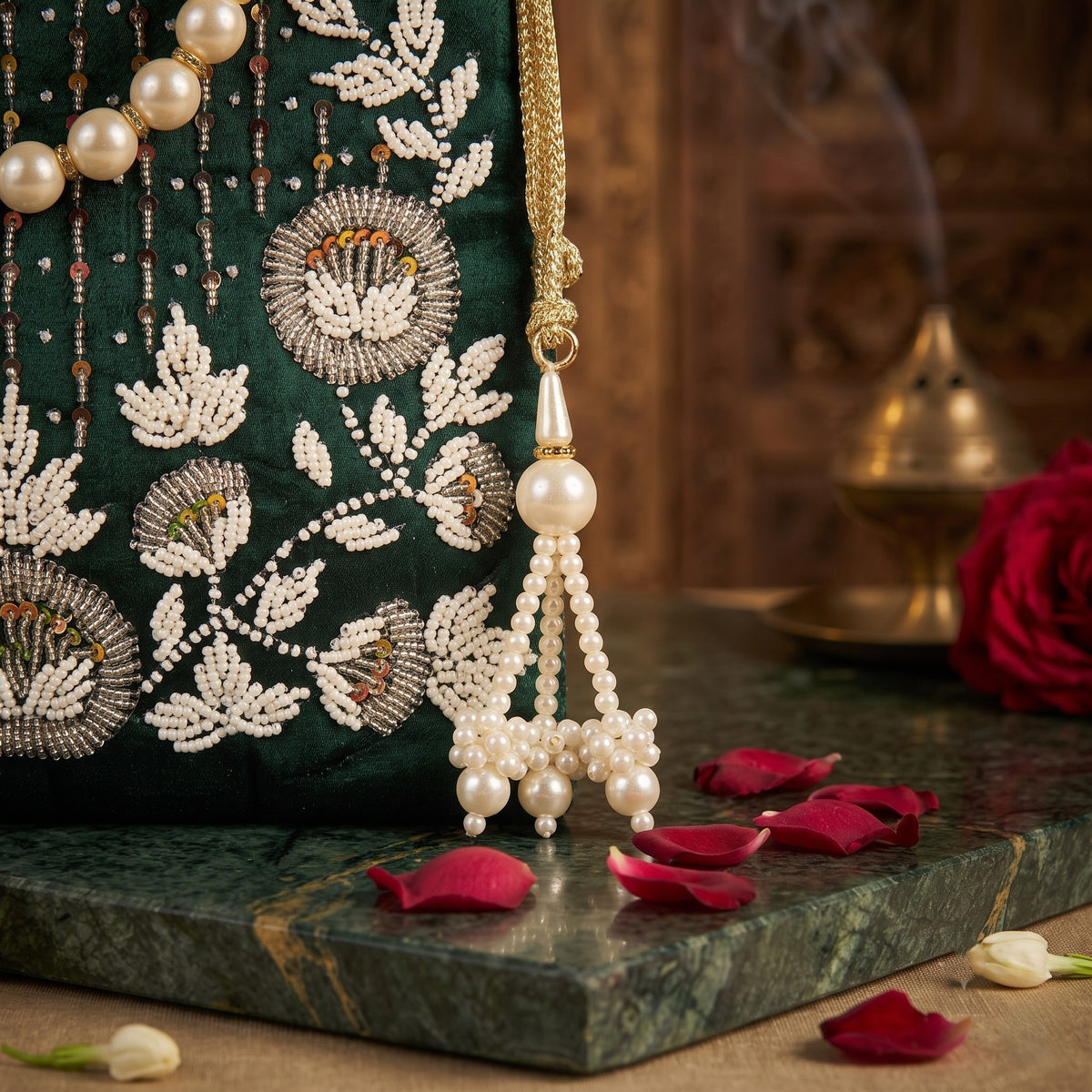 Emerald Green Pearl Blossom Potli