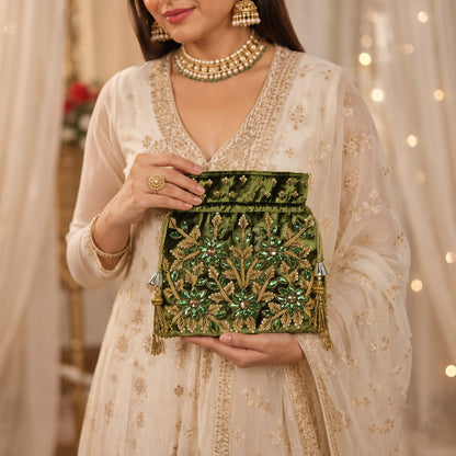 Emerald Green Zardozi Embroidered Potli