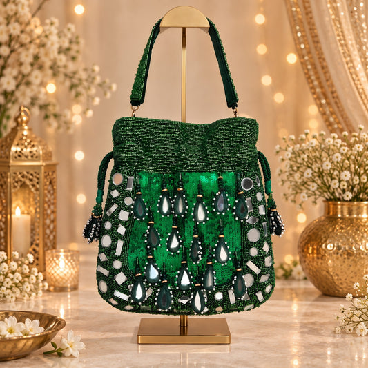 Emerald Green Beaded and Mirror work Potli