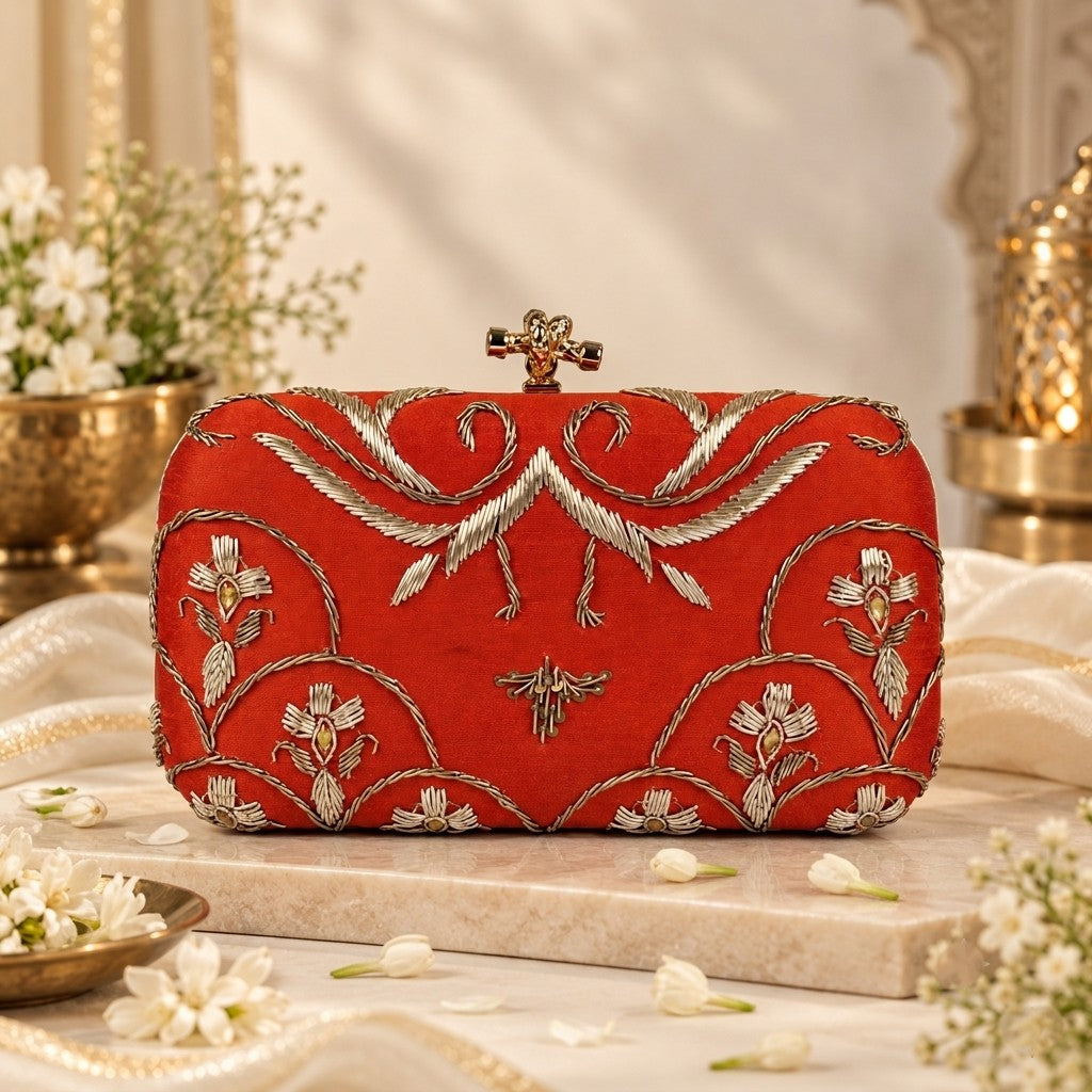 Luxury Terra-Cotta Embroidered Clutch
