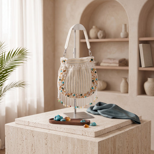 White Gemstone Fringe Potli