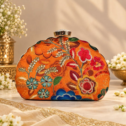 Ornate Orange Floral Clutch