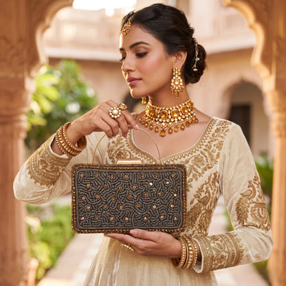 Brown Scatter Pearl Box Clutch