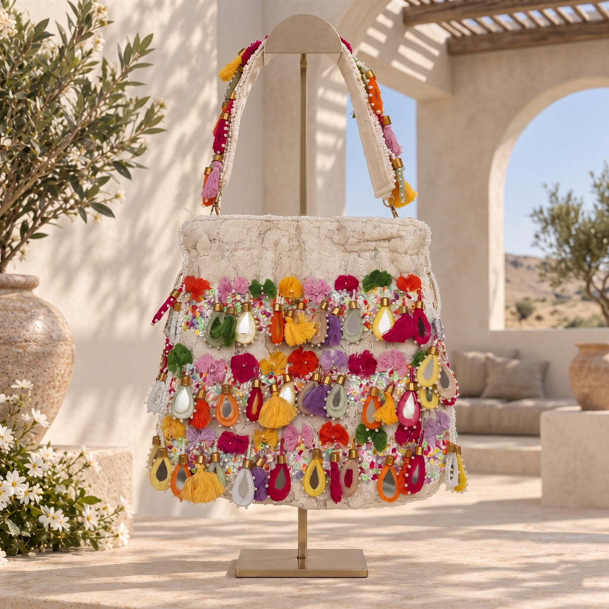 Embellished Lace and Mirror work Boho Potli