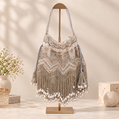 Silver Sequin and Pearl Fringe Potli