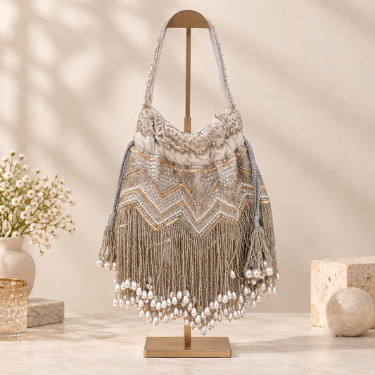 Silver Sequin and Pearl Fringe Potli