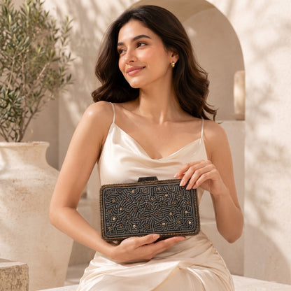 Brown Scatter Pearl Box Clutch