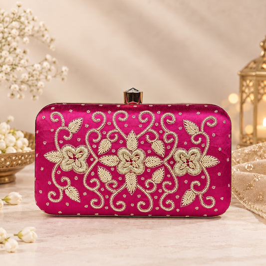 Luxury Magenta Floral Embroidered Clutch