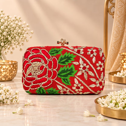 Embroidered Red Floral Clutch