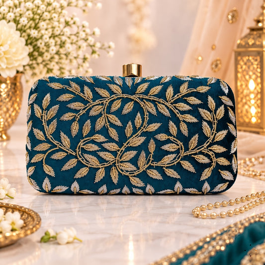Teal and Gold Zardozi embroidered Clutch