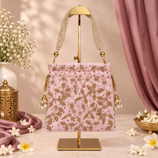 Pink Pearl and Zardozi-Embroidered Potli
