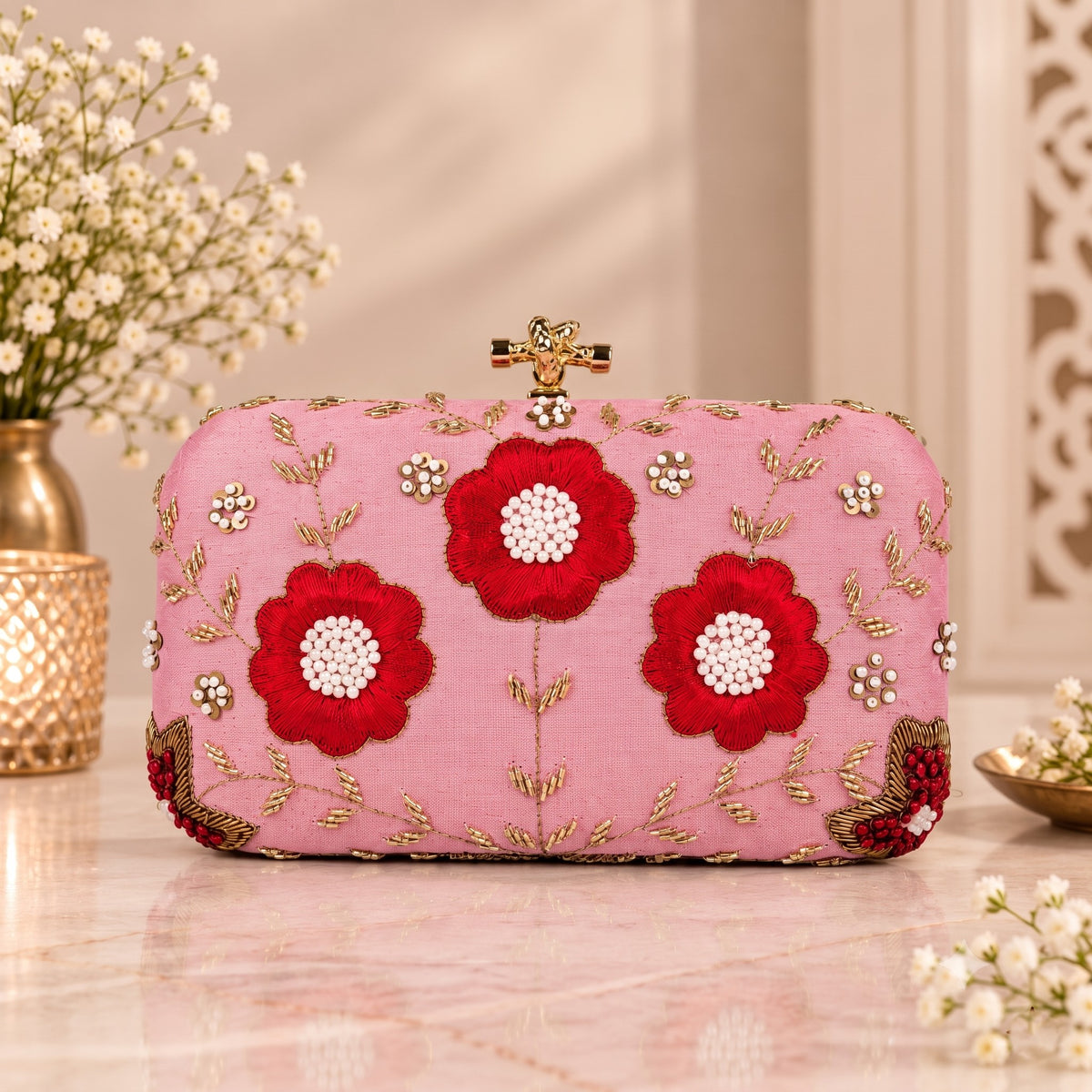 Pink Embroidered Clutch