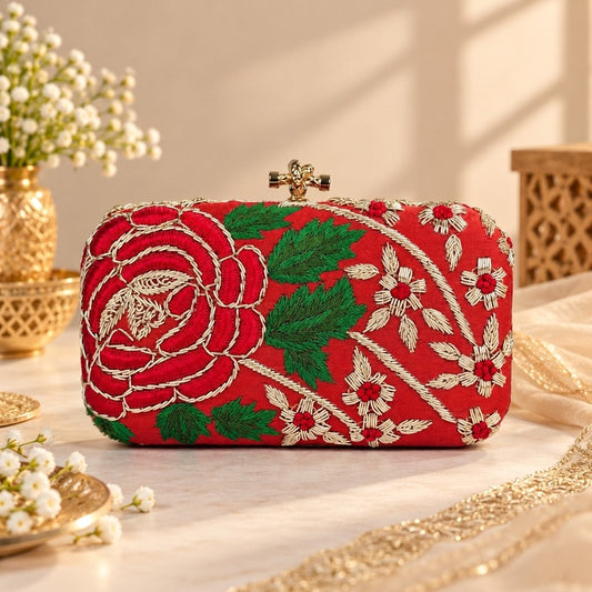 Embroidered Maroon Floral Clutch