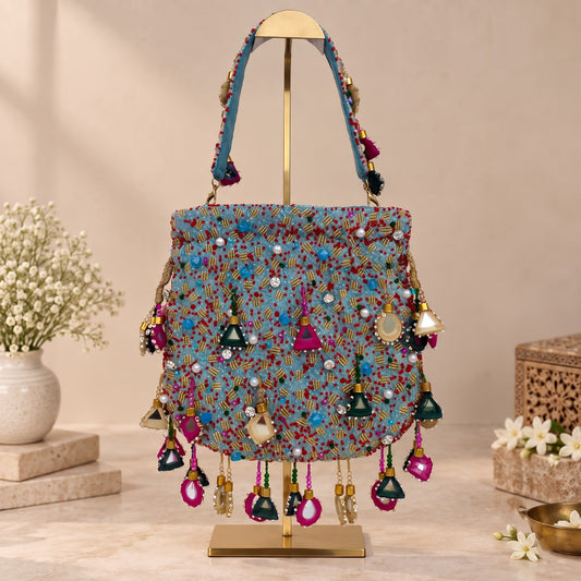 Embellished Turquoise Beaded Potli