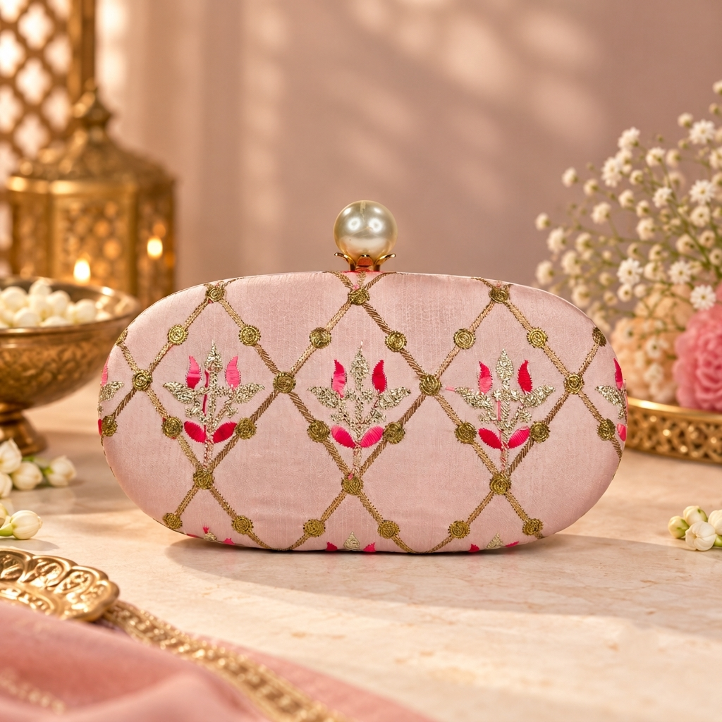 Embroidered Blush Pink Floral Clutch