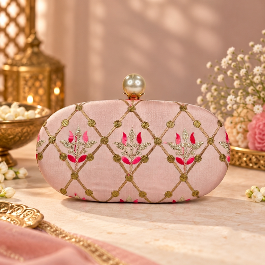 Embroidered Blush Pink Floral Clutch