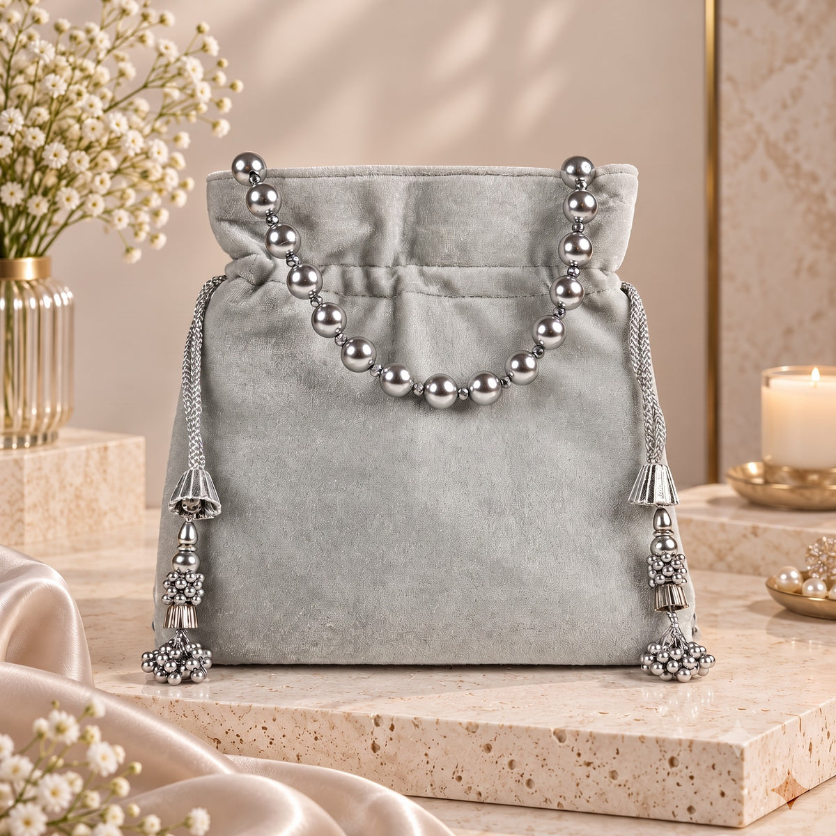 Silver Pearl Cascade Potli