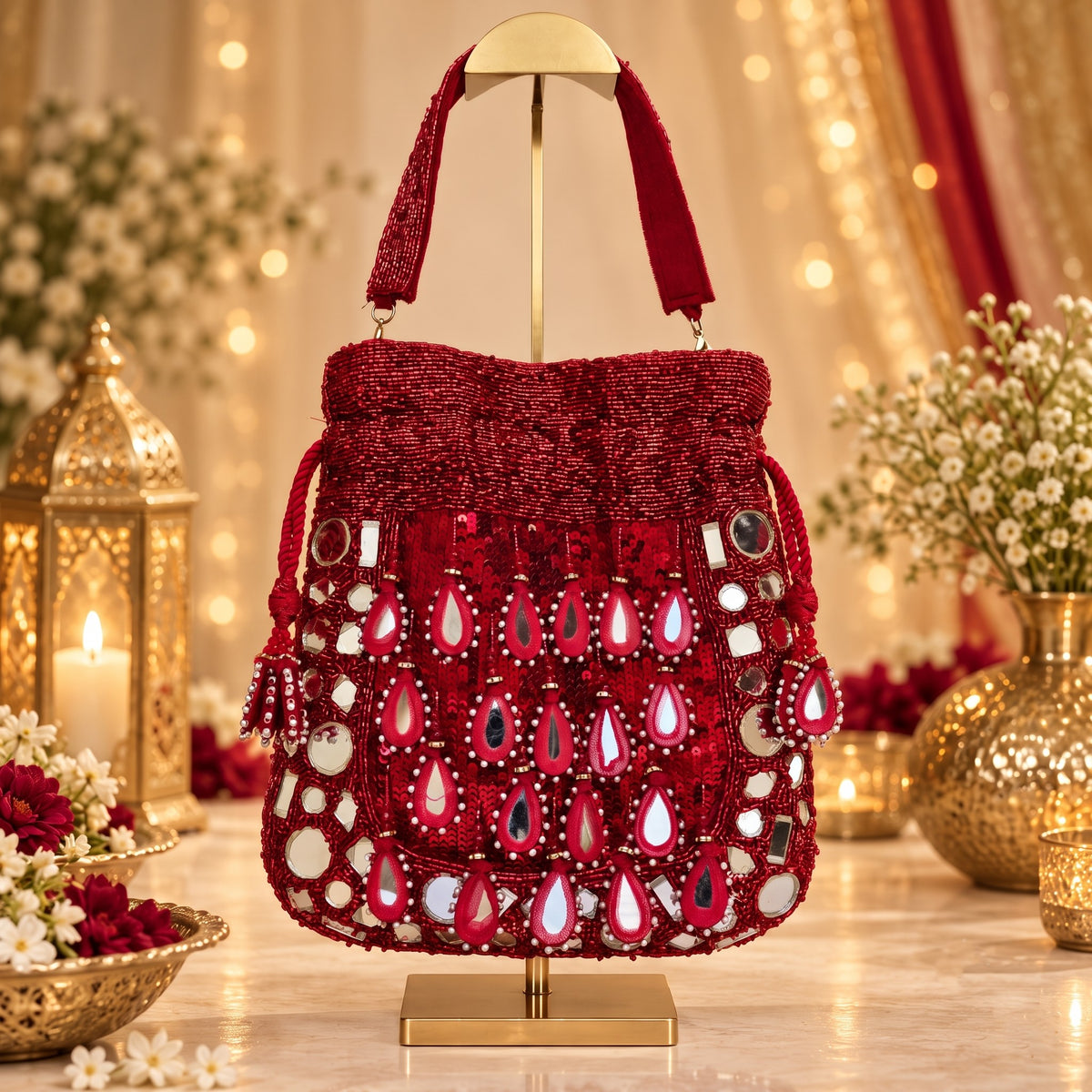 Ruby Beaded and Mirror work Potli
