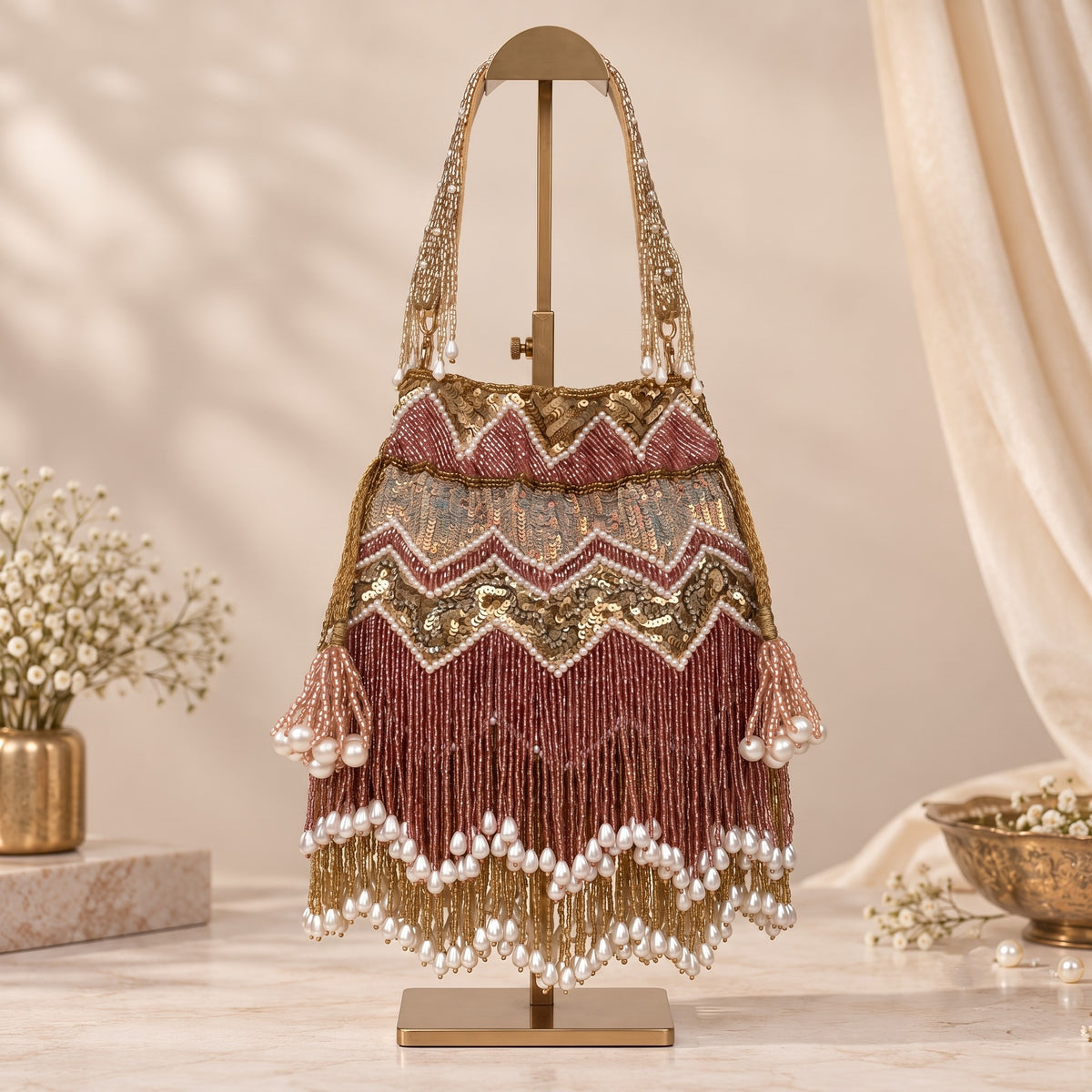 Rose gold Sequin and Pearl Fringe Potli