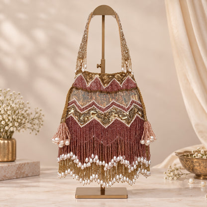 Rose gold Sequin and Pearl Fringe Potli