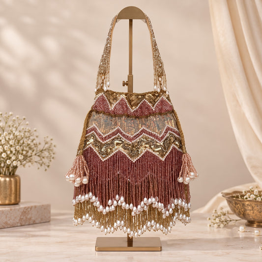 Rose gold Sequin and Pearl Fringe Potli