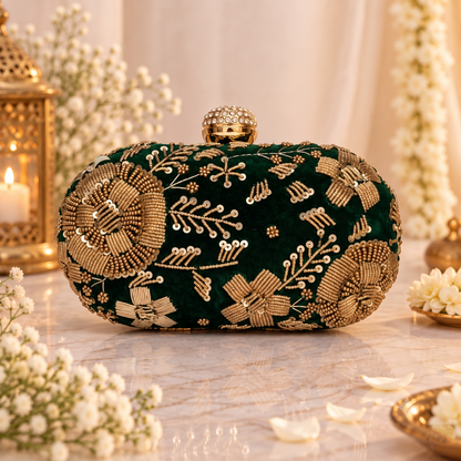 Emerald Gold Embroidered Bridal clutch