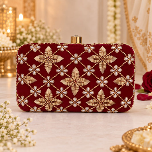 Maroon Zardozi embroidered Bridal Clutch