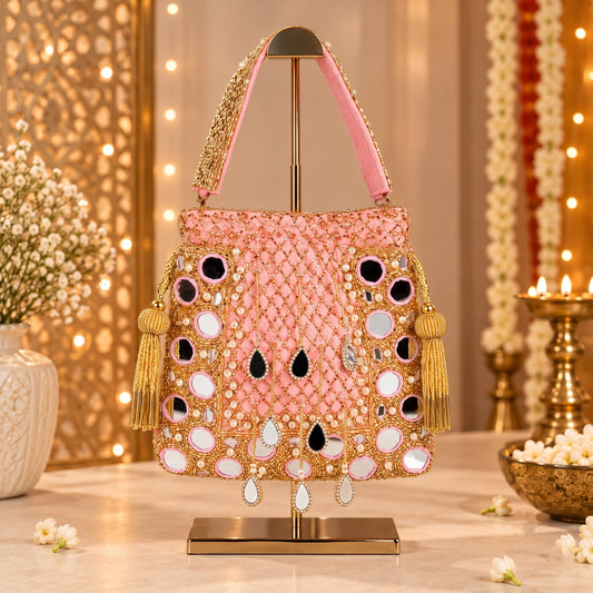 Luxurious Pink and Gold Mirror work Potli