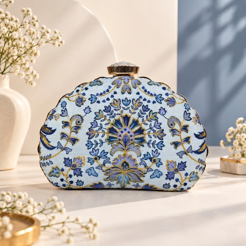 Ornate Blue Floral Clutch