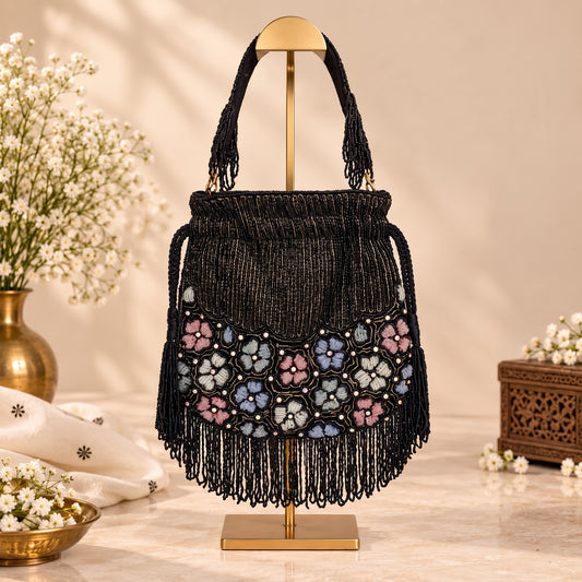 Black Beaded Floral Fringe potli