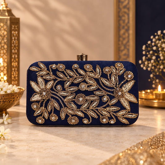 Embellished Indigo Floral Clutch