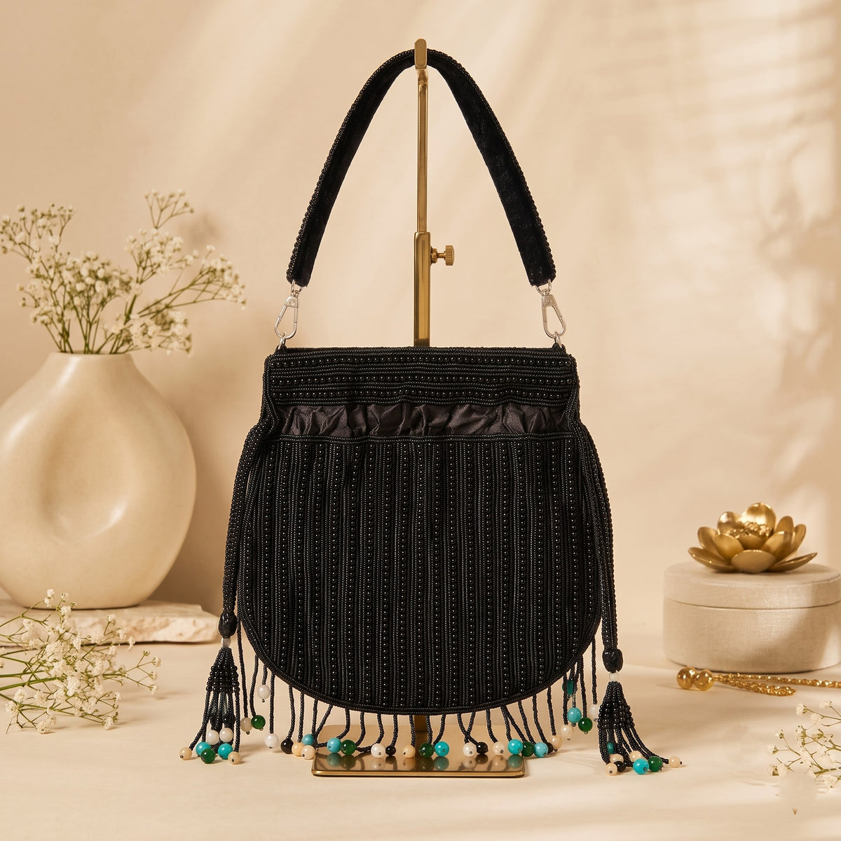 Noir Black Gemstone Fringe Potli