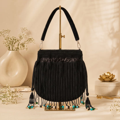 Noir Black Gemstone Fringe Potli
