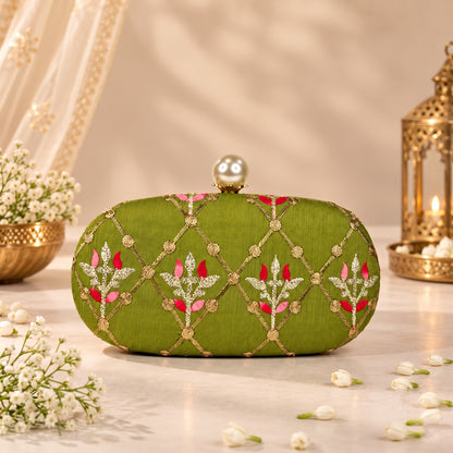 Embroidered Green Floral Clutch