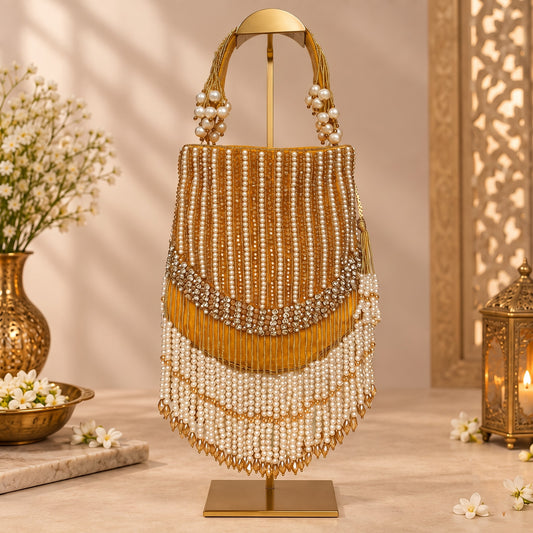 Pearl-Embellished Golden Bridal Potli
