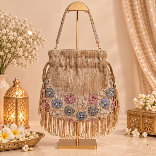 Golden Beaded Floral Fringe potli