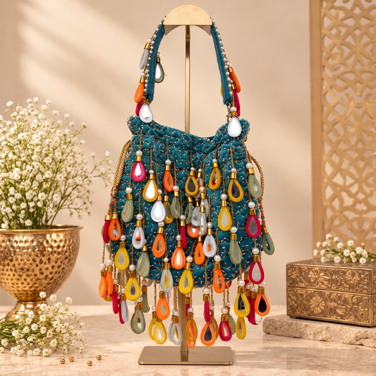 Ornate Blue Mirror work Potli