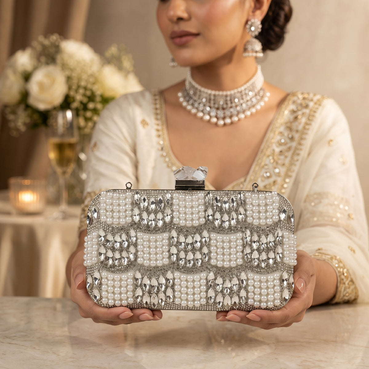 White and Silver Checkerboard Pearl Clutch