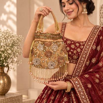 Golden Floral Beaded Bridal Potli