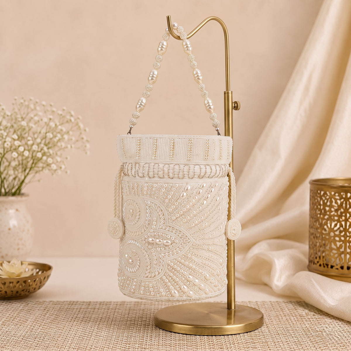 White Pearl Cylinder Potli